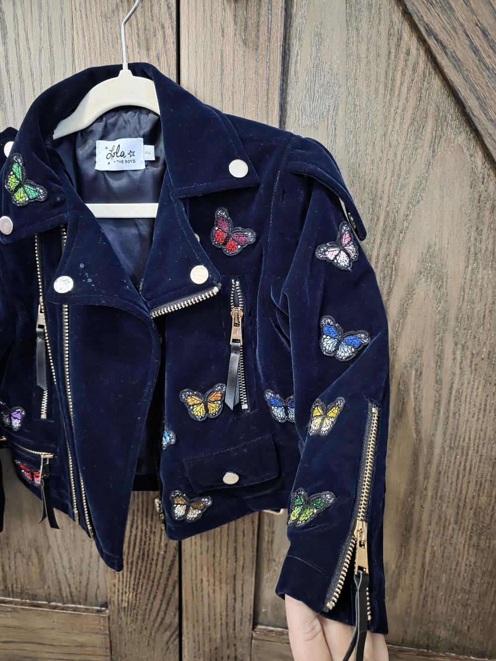 Lola + The Boys Navy Velvet Moto Jacket with Multicolor Butterfly Patches - Picture 4 of 5